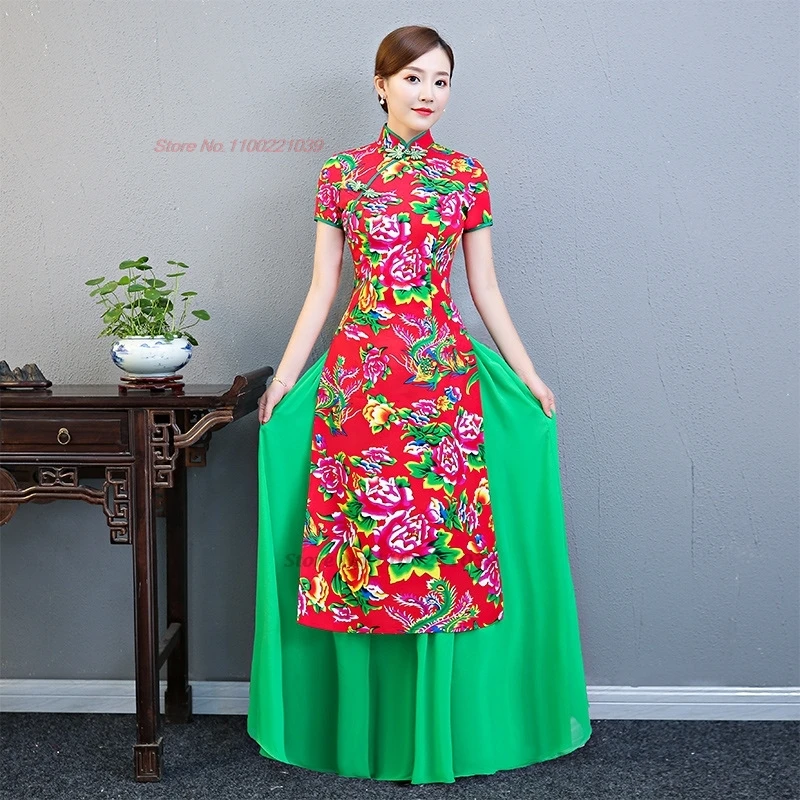 2025 vietnam traditional aodai dress chinese vintage qipao dress national flower print improved cheongsam oriental banquet dress