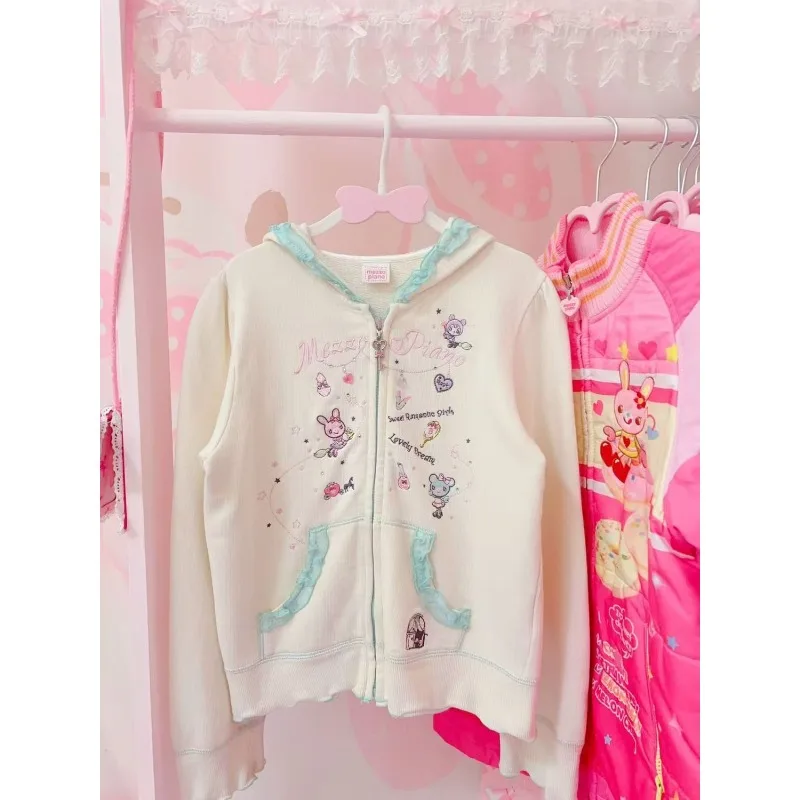 

Japanese retro kawai hoodie cute cartoon printed hooded coat Harajuku chic lace patchwork long-sleeved jacket women's casual top