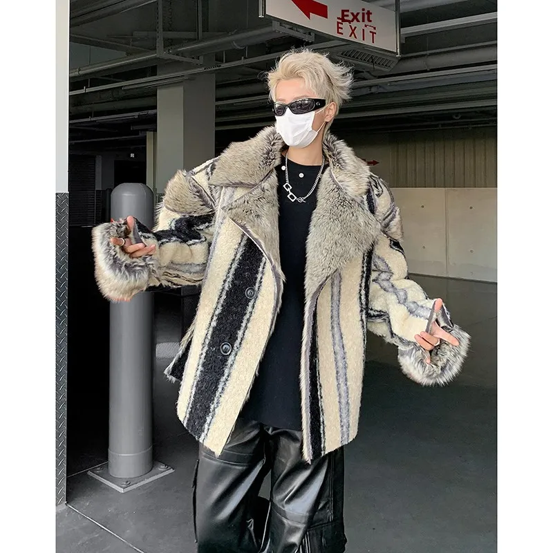 

Men's Thiened Autumn Winter Wolf Fur Coat Warm Plu Outerwear Casual Sle Long Sve Double Breasted Polyester Fiber