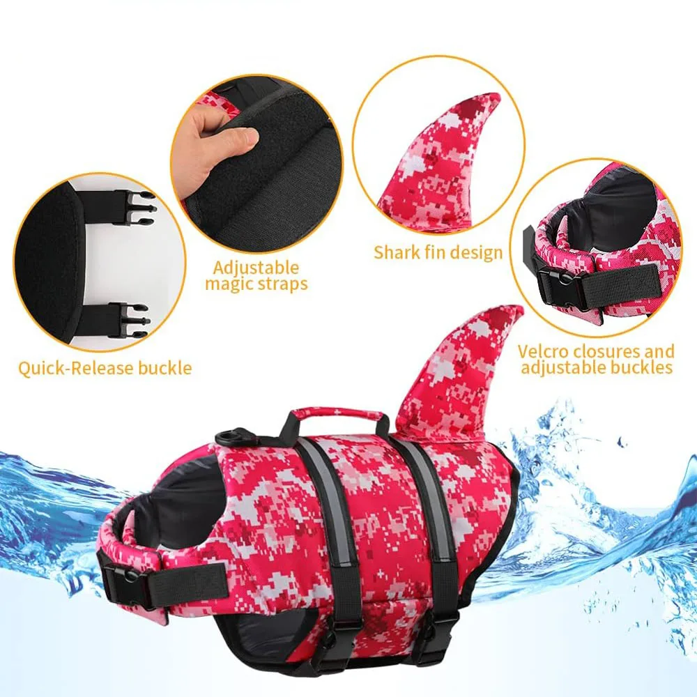 Dog Life Jacket Shark Ripstop Dog Life Vests for Swimming Boating Buoyancy Rescue Handle Pet Flotation Vest for Big Cat and  Dog