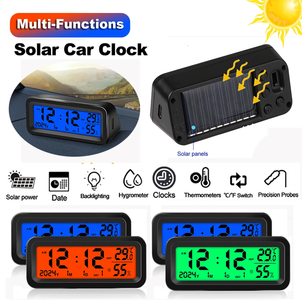 Solar Car Digital Clock Date Week Temperature Humidity LCD Backlit Display for Dashboard Car Clock Automobiles Internal Stick-On