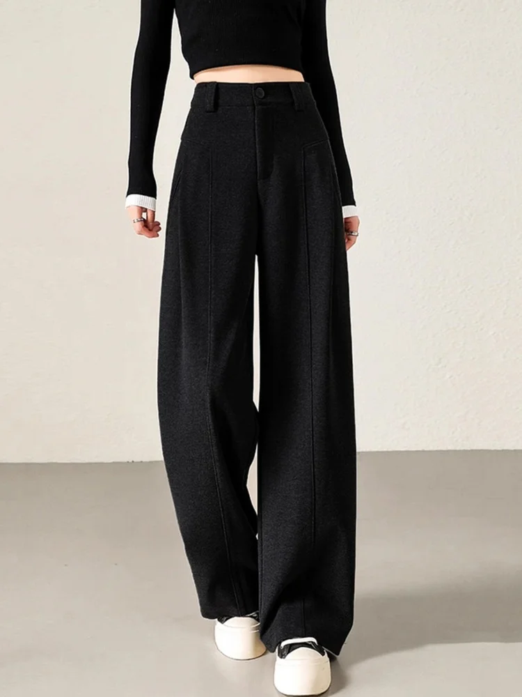 Wełniane spodnie z szerokimi nogawkami damskie, ocieplane, jesienno-zimowe, proste spodnie do pracy, wysoki stan, zamek błyskawiczny, jednolity kolor.