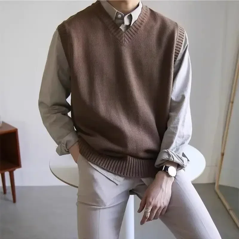 Men's Clothing Waistcoat V Neck Vest Knit Sweater Male Sleeveless Brown Korean Autumn Clothes Loose Fit Overfit Large Big Size A