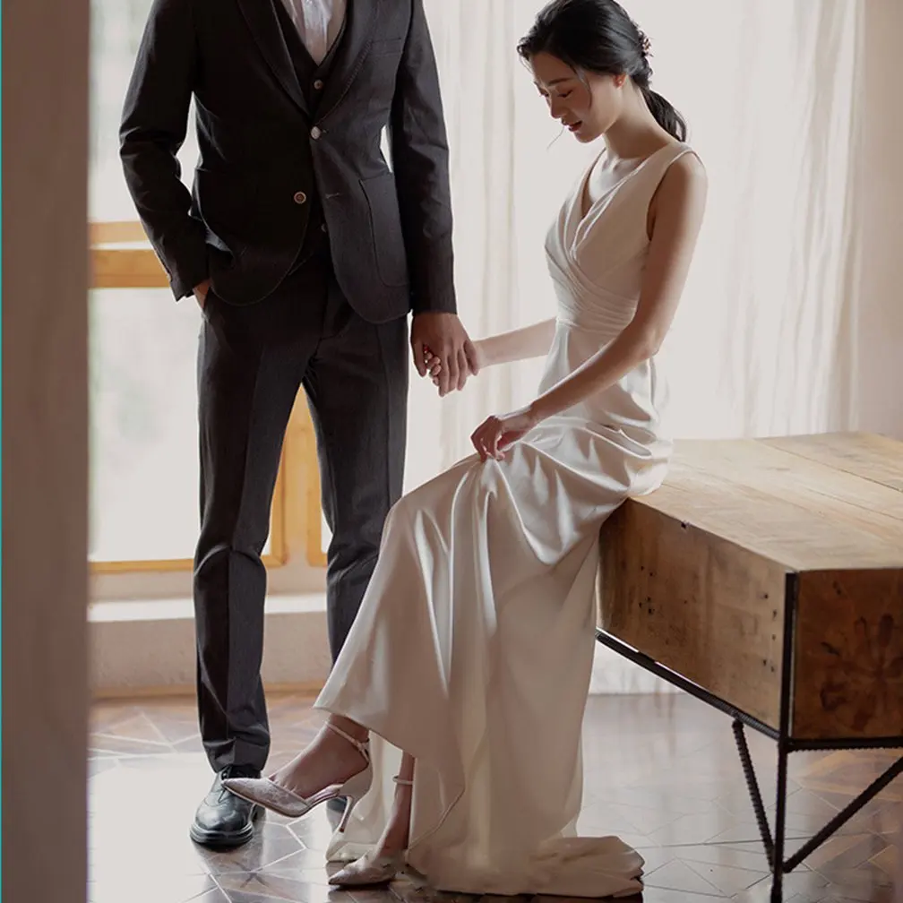 Vestido De Novia largo De satén suave con cuello en V para mujer