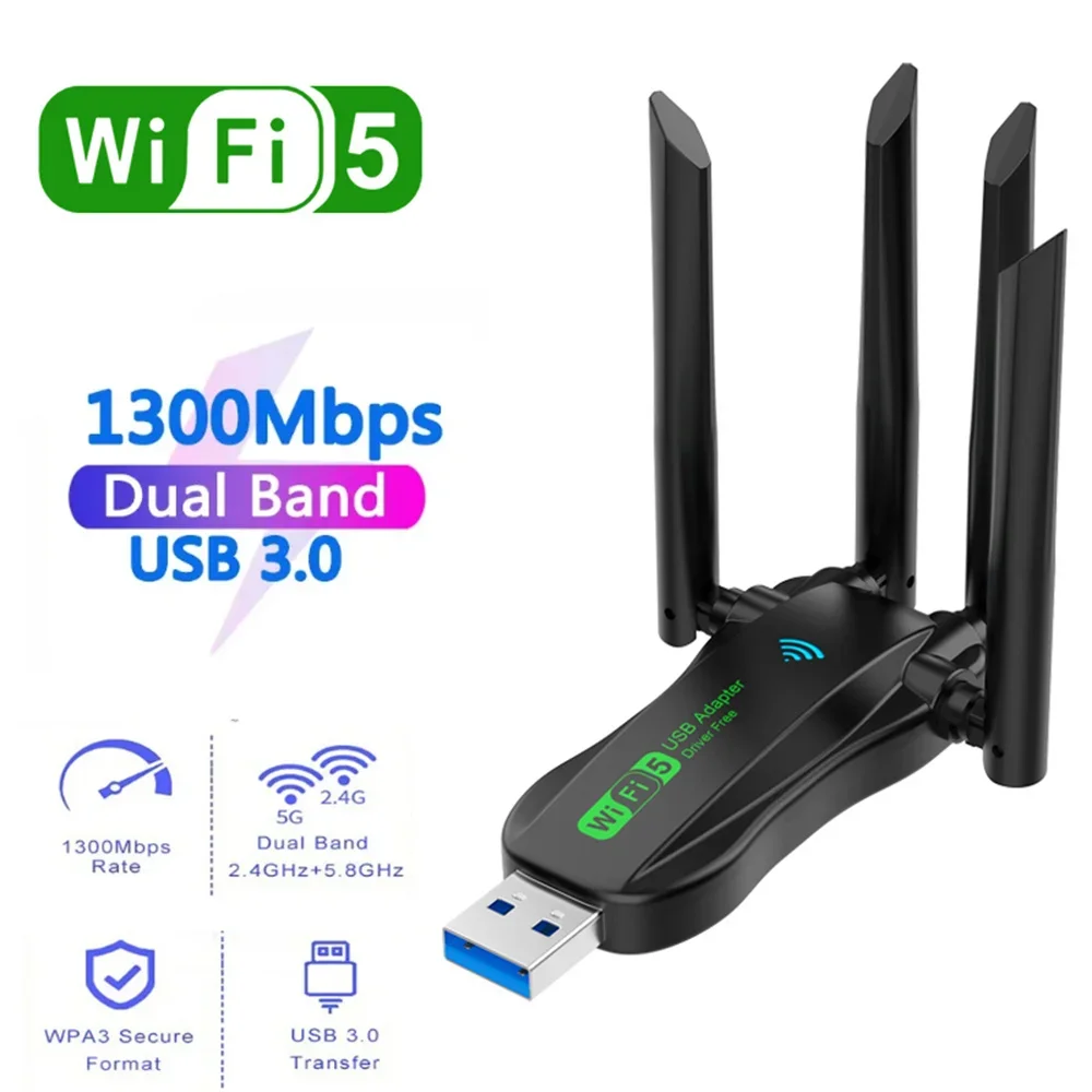 Original 4 Antennas 1300Mbps WiFi USB 3.0 Adapter 2.4G 5GHZ Dual Band WiFi Dongle Wireless Network Card 802.11AX For Win 10/11