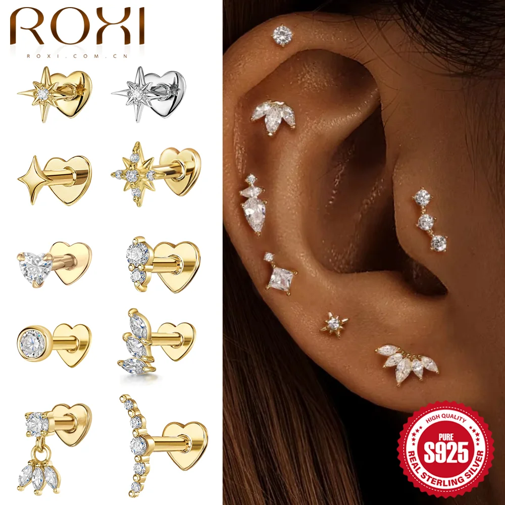 ROXI 925 Sterling Silver Zircon Stud Earrings, 1PC Eight Pointed Star, 18K Gold/Silver Heart Flat Back Piercing Jewelry product photo