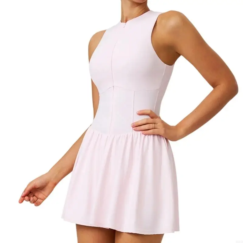 Dehnbares Trainingskleid für Damen. Sportliches A-Linien-Kleid mit Innenshorts und Taschen für Tennis, Fitness, Pilates, Laufen. – Detail 3