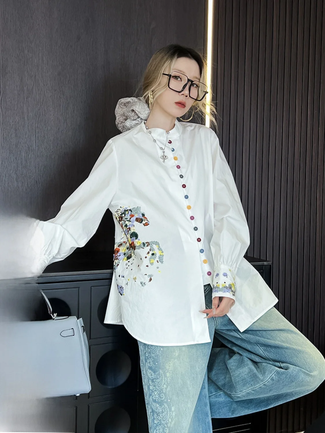 

Spring 2026 Women's Long Sve Standing Collar Embroidered Pattern Faion Top Breathable Skin-Friendly DZBM Loose Fit...