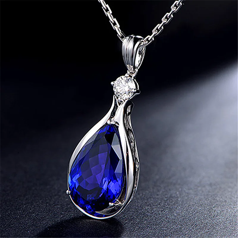 

925 Sterling Silver Angel Eyes Pendant Blue Crystal Sapphire Pendant Necklaces for Women Jewelry Bijoux Party Fashion Gifts
