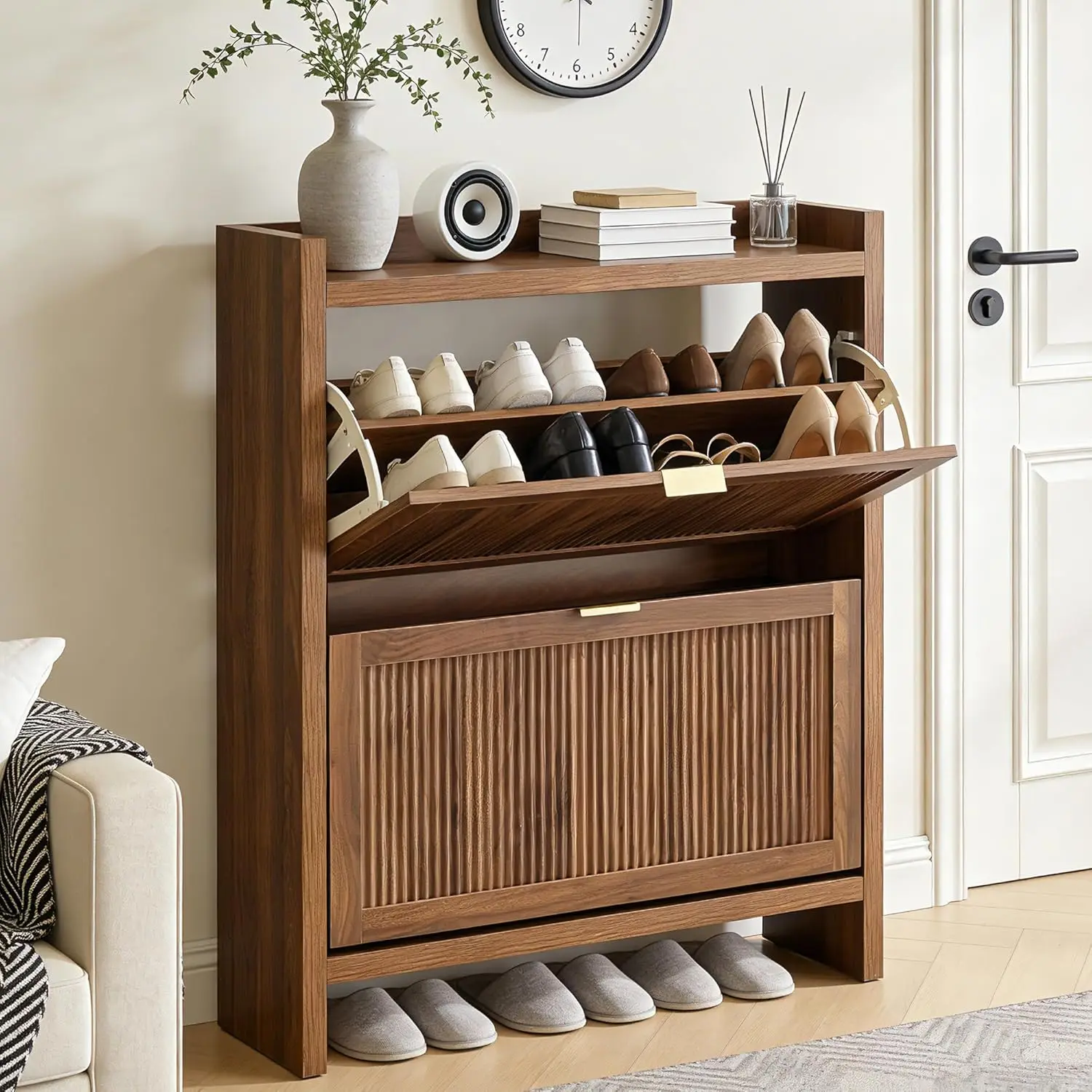 

Fluted 2-Door Wood Shoe Storage Cabinet Flip Narrow Entryway Hallway Freestanding, Customized