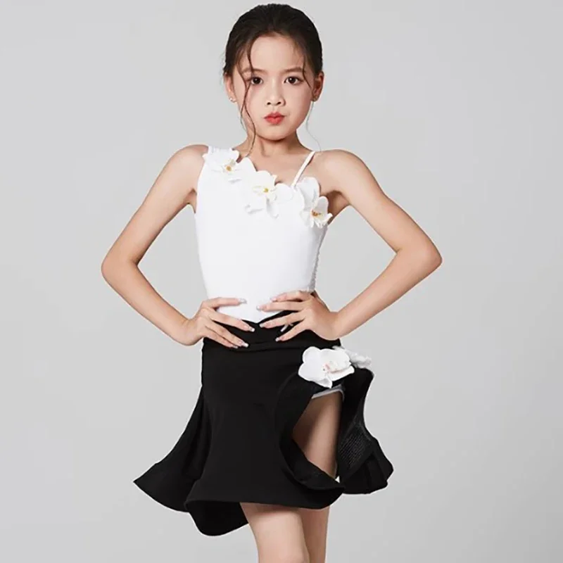 

Kids Girls One Shoulder Sling Flower Latin Dance Costume Fishbone Skirt Ballroom Rumba Dancewear Training Chacha Performance
