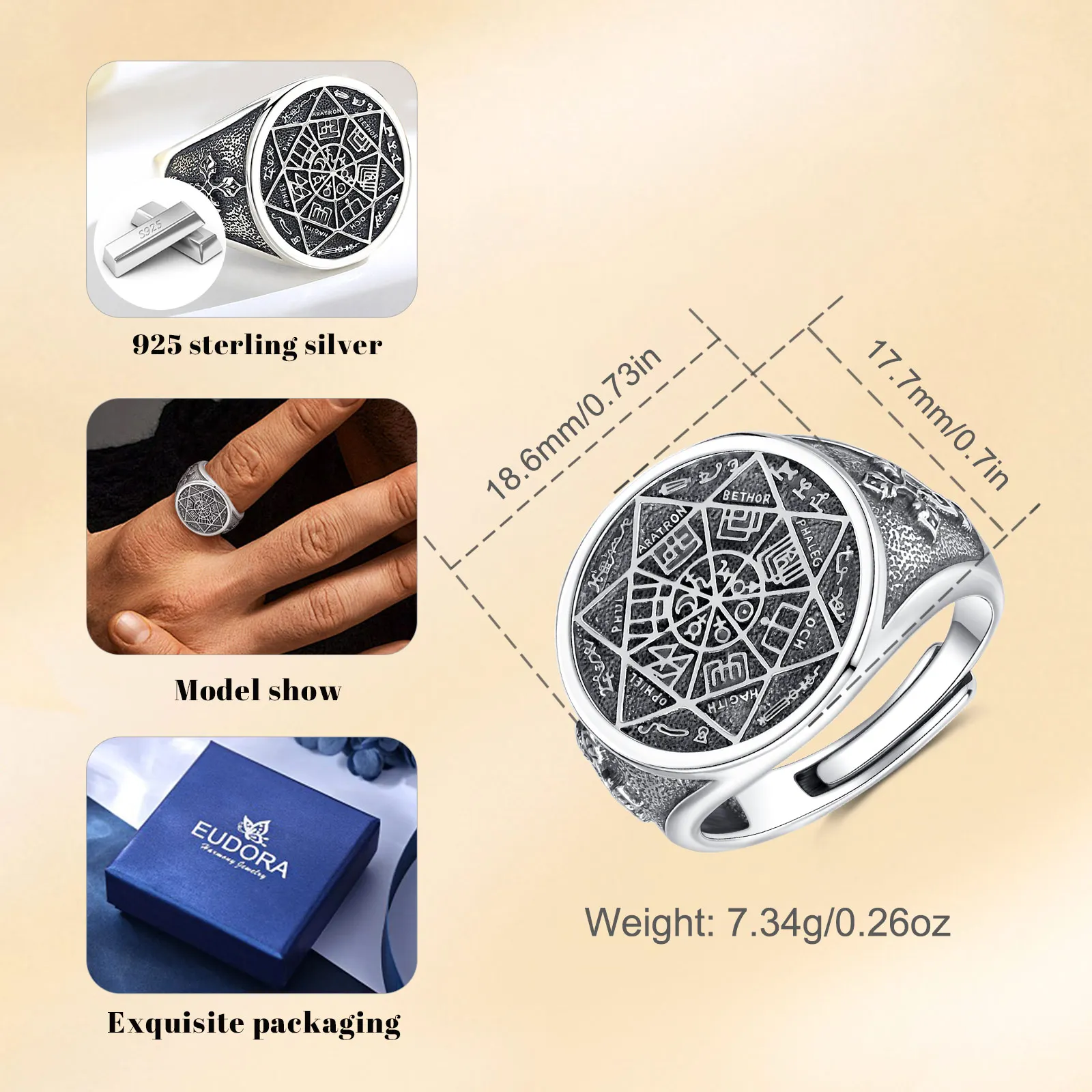 Eudora 925 Sterling Silver Seven Archangels Adjustable Ring Rune Magic Circle Cross Ring Spiritual Jewelry Gift for Men Women