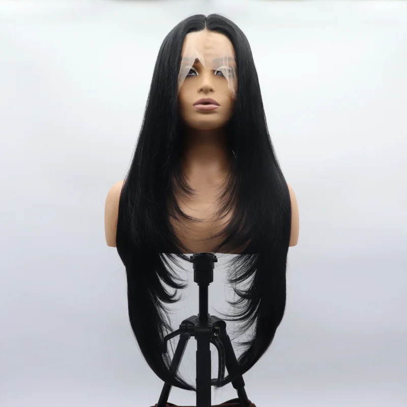 

Hand-crafted lace front wig for women, black layered long curly hair, full synthetic matte finish