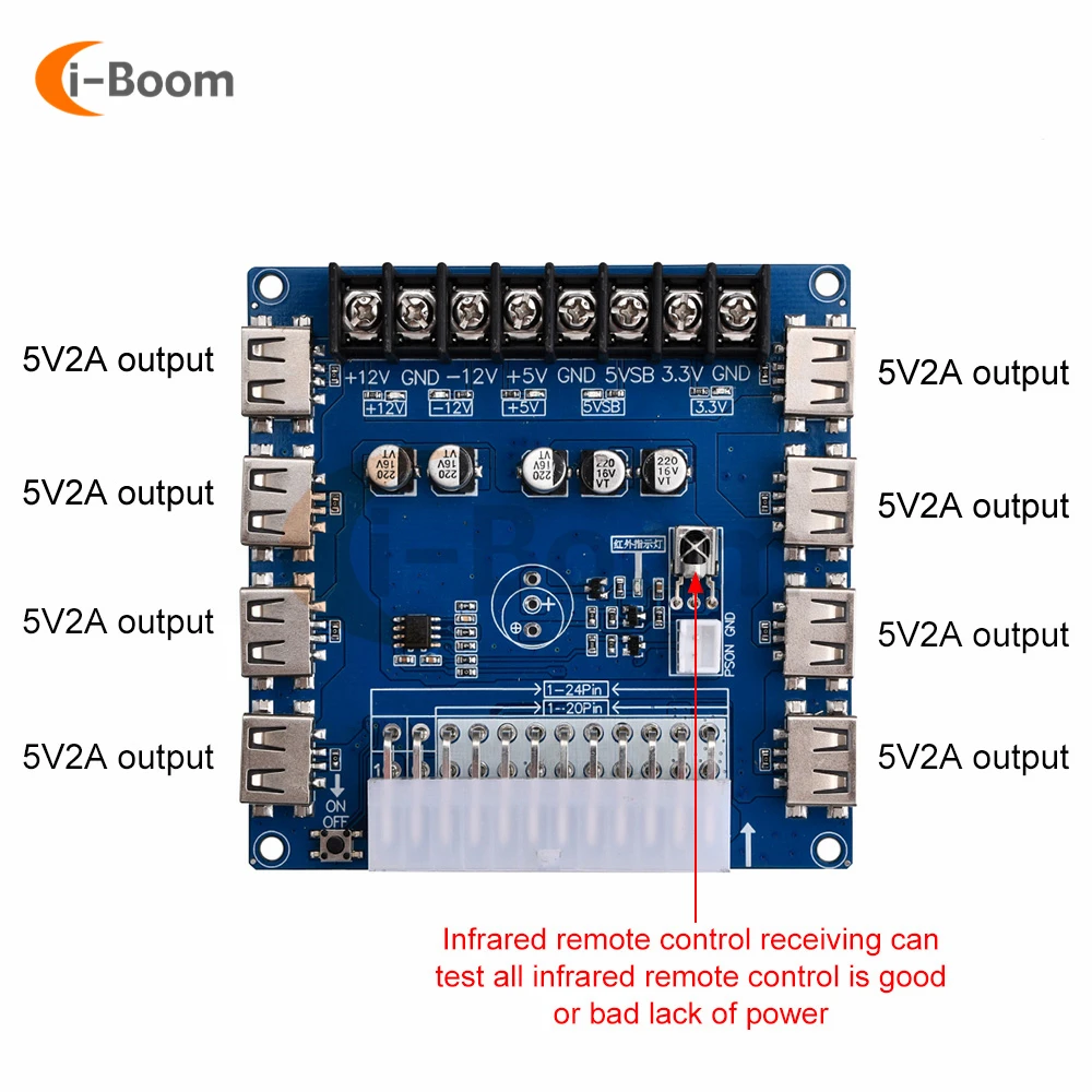 24 pinów obudowa komputera pulpitu ATX zasilacz Breakout moduł adaptera 8 portów USB na pokładzie moc wyjściowa obciążenia 3.3V/5V/12V