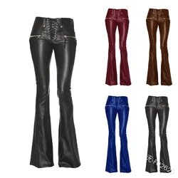 Pantalon en cuir pour femmes, Punk Rock, Sexy, pour moto, serré, taille haute, à lacets, moulant, évasé, nouvelle collection 2023