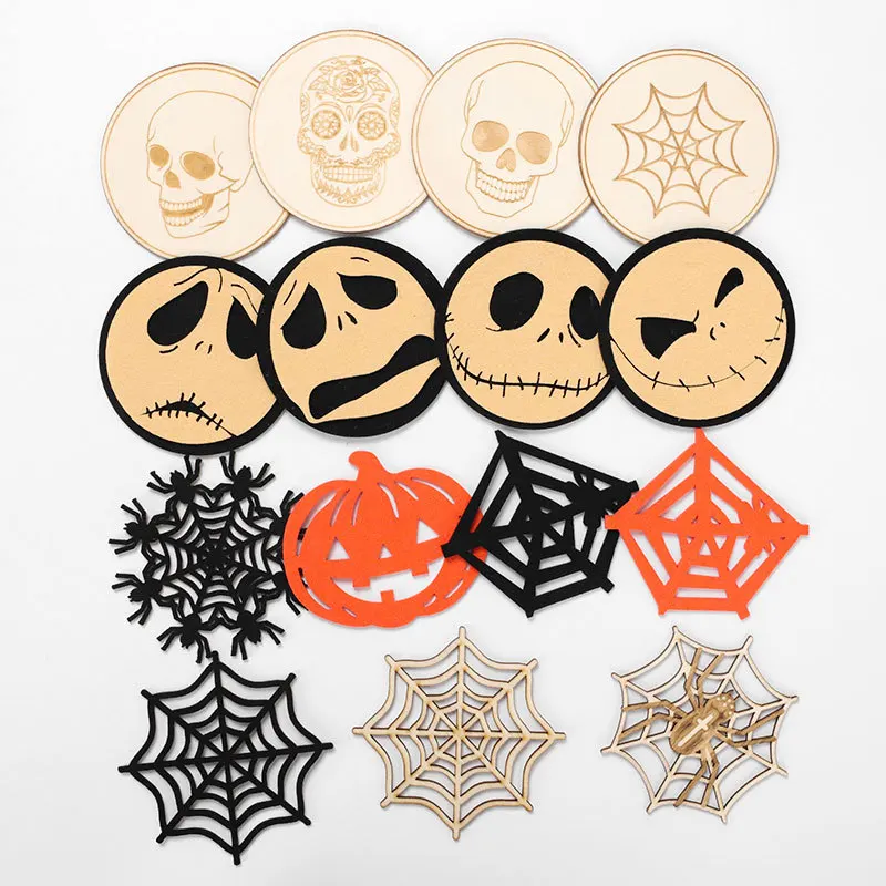 Halloween Ghost Festival pumpkin felt coasters, spider webs, skeletons, wooden carved insulated decorative coasters