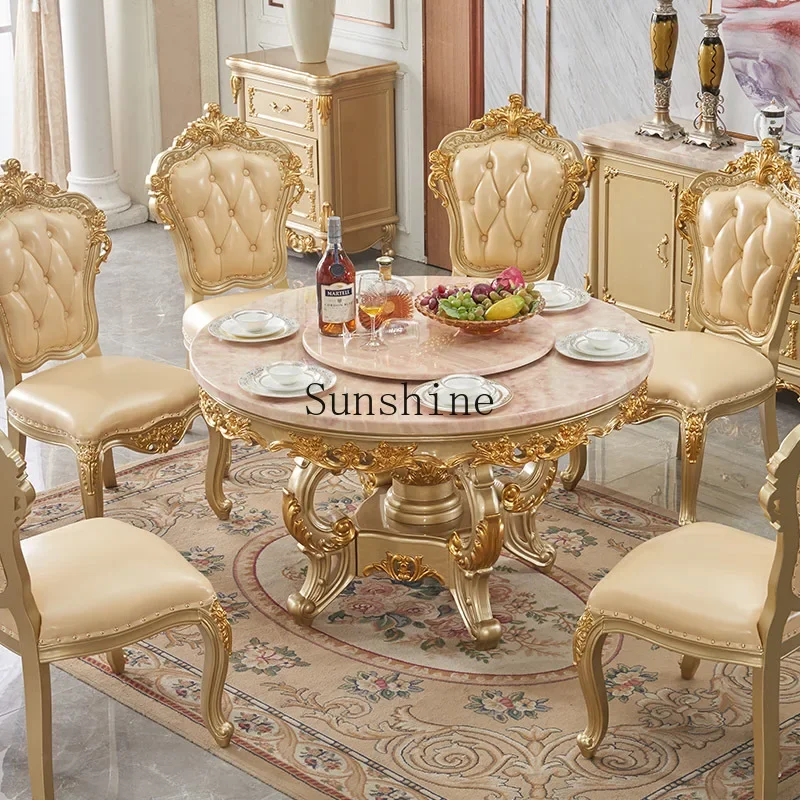 

European all-solid wood marble double-layer neoclassical champagne gold dining table and chair combination 6 people