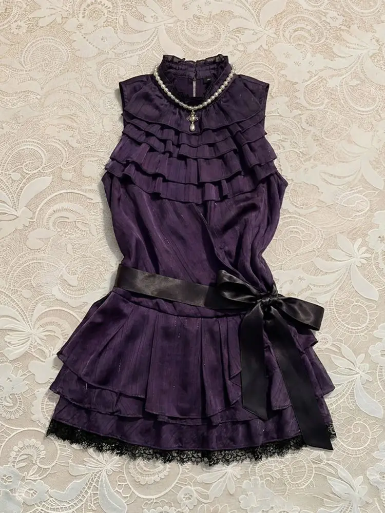 

Y2k Retro Sleeveless Purple Halter Top + Vintage Mini Skirt Two-Piece Set Women Elegant Bodycon Bow Patchwork Spring Summer