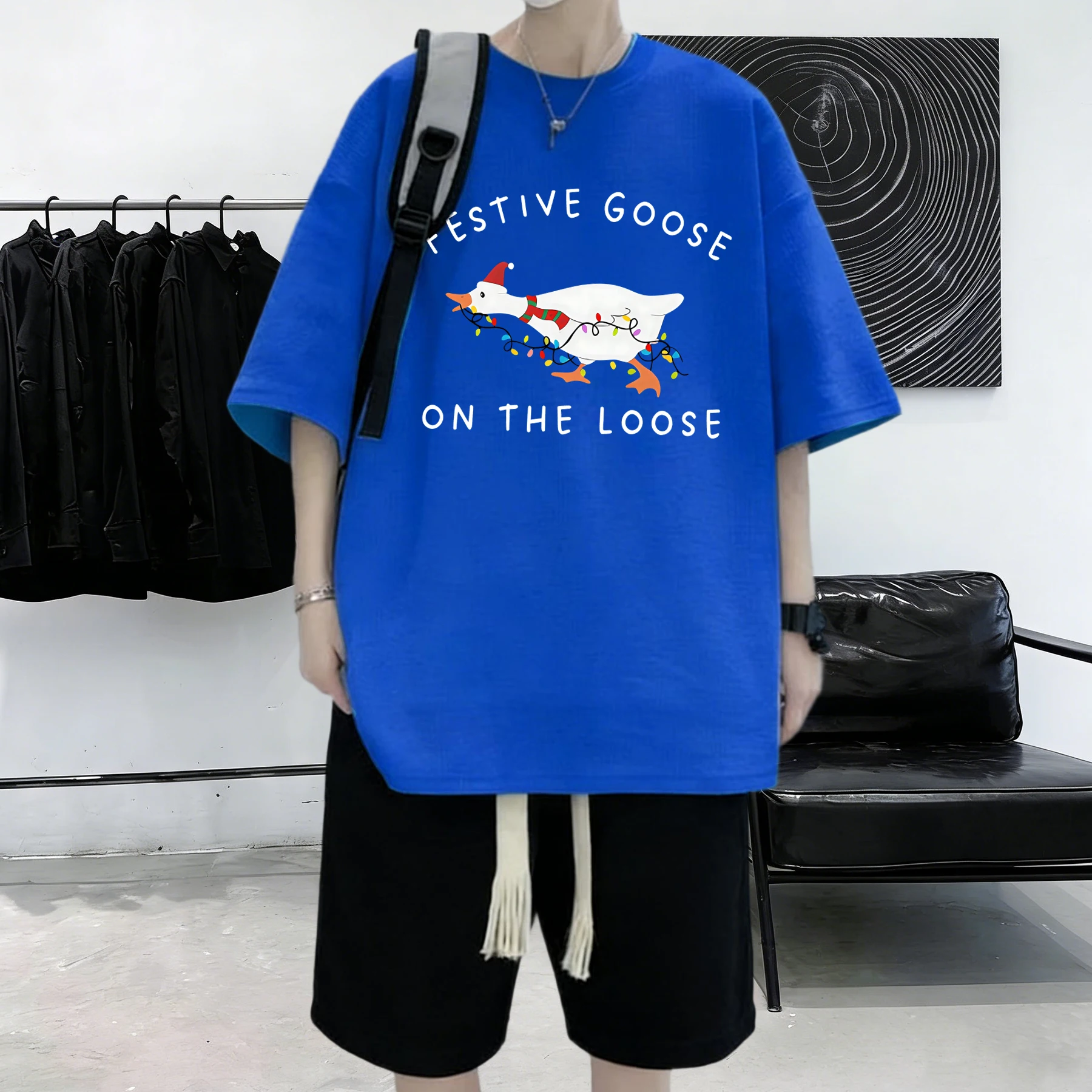 Festive Goose On The Loose Prints Baumwoll-Street-Sommer-T-Shirts für Herren, weich, lässig, mehrfarbig, kurzärmelig, sportlich, trendige Kleidung