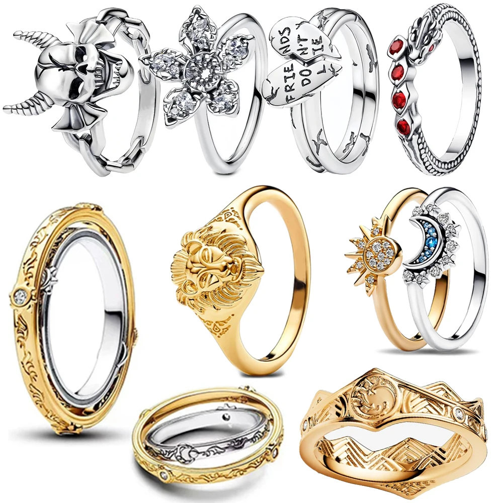 Serie de juegos, anillo de Plata de Ley 925 con flor mágica, calavera, corona, León y dragón, accesorios de joyería geniales neutros