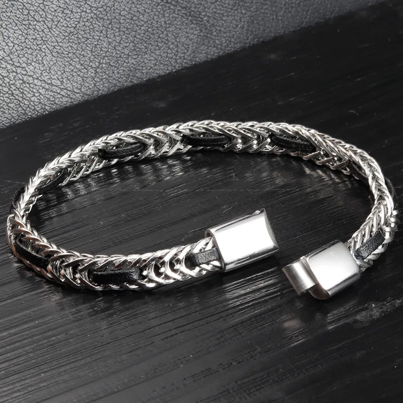 Black Leather Braided Bracelet for Men Stainless Steel Chain Multi Layer Woven Genuine Cowhide Cord Handmade Cuff Bangle Fashion