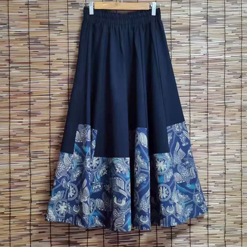 Gestikte etnische stijl dames nieuwe gesplitste katoen en linnen grote zoom retro halflange rok