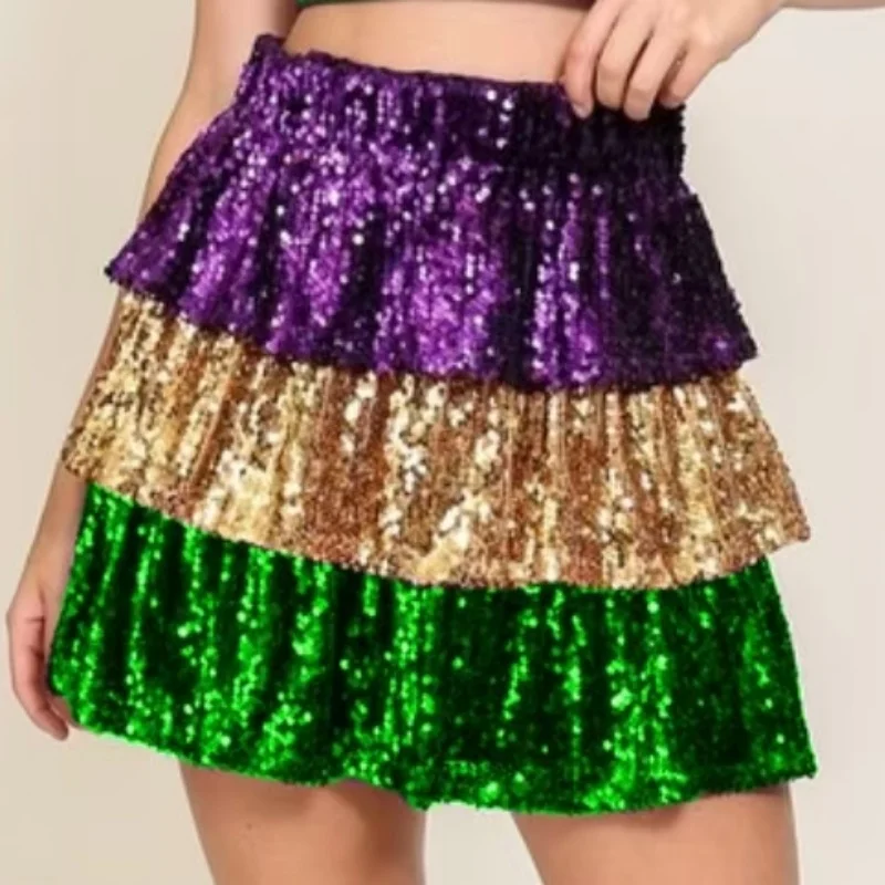 กระโปรงมินิสั้นหลายชั้นแต่งระบายเลื่อมสีสันสดใส สายเดี่ยว สไตล์ปาร์ตี้ คลับ แฟชั่น Y2K สตรีทแวร์