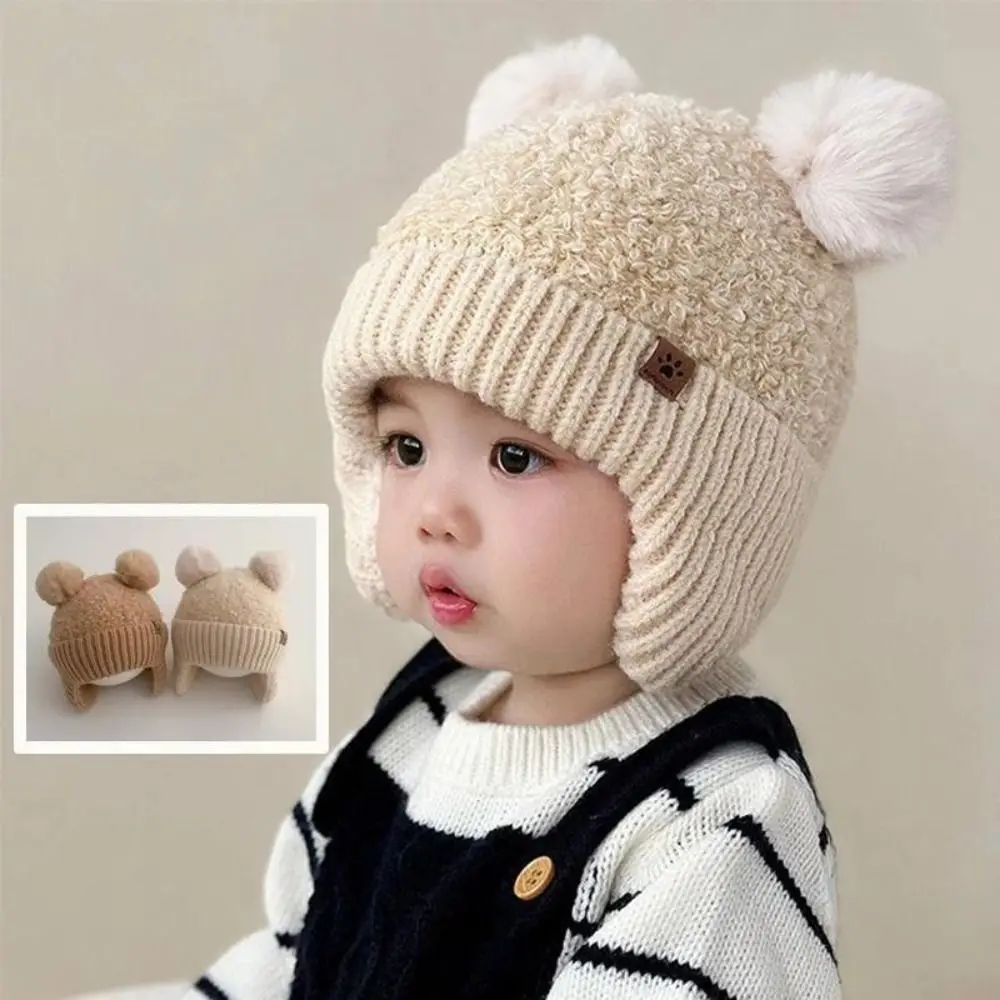 

3-24 Months Double Hairball Baby Hat Knitted Warm Pom Hat Wind-proof Solid Color Knit Cap Girls