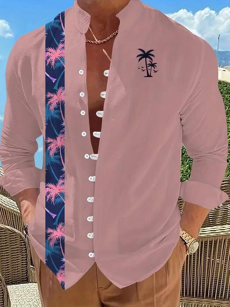 New men's linen short-sleeved shirt, fashionable, retro style, ethnic totem print, comfortable and breathable, men's top2026