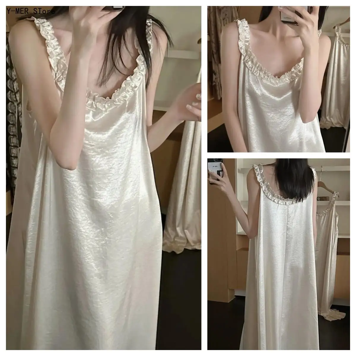 

Summer New Women's Suspender Skirt, Sweet Long Pajamas, Holiday Style, Elegant Glossy Long Skirt, Luxury Casual Home Wear