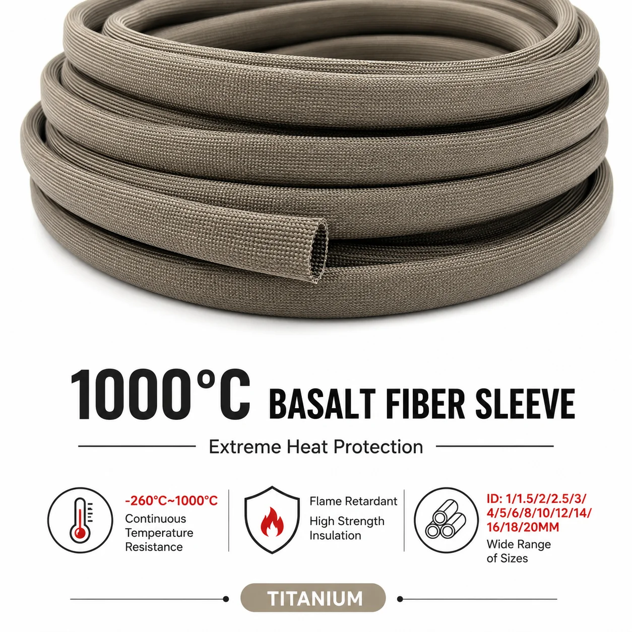 1000°C High Temperature Basalt FiberFiberglass Braided Sleeve, Fireproof Heat Insulated Soft Tubing for Spark Plug Wire Cable