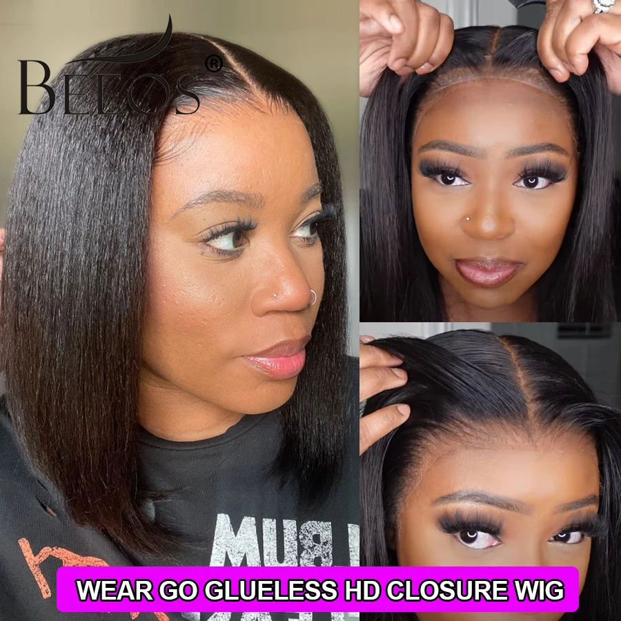 

BEEOS Kinky Straight Glueless 13x4 HD Lace Frontal Human Hair Wigs Ready To Wear Pre plucked 250% Short Bob 5x5 HD Closure Wig