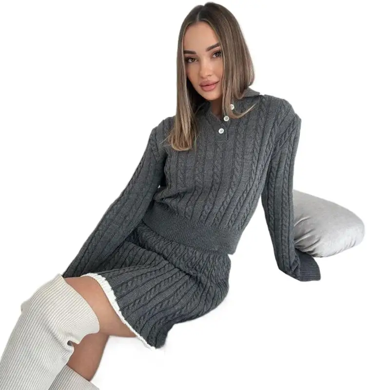 

New Fashionable Button Knitted Sweater + Skirt Two-piece Sets Women Autumn Casual Loose Solid Color Top And Skirt Suit For Women