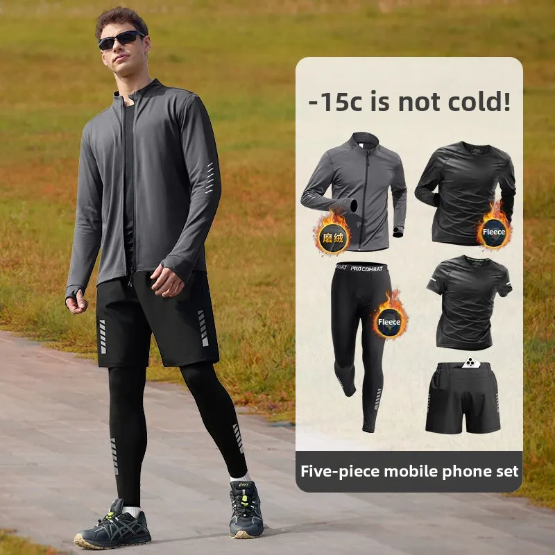 

Men's Winter Sports Suit Warm Running Training Clothing Plush with Phone Pocket Running Clothes Quick Drying Mens Sweatsuits Set