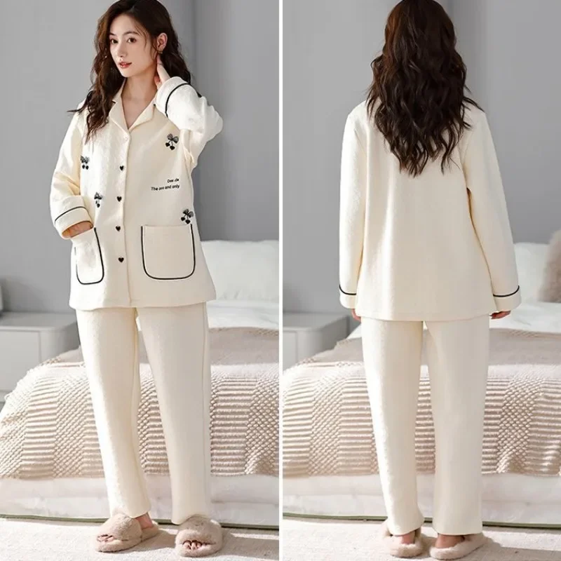 2024 New Autumn Winter 100% Pure Cotton Loungewear Sandwich Pajamas Women's Cotton Warm Sleepwear Plus Size V-neck Homewear Set