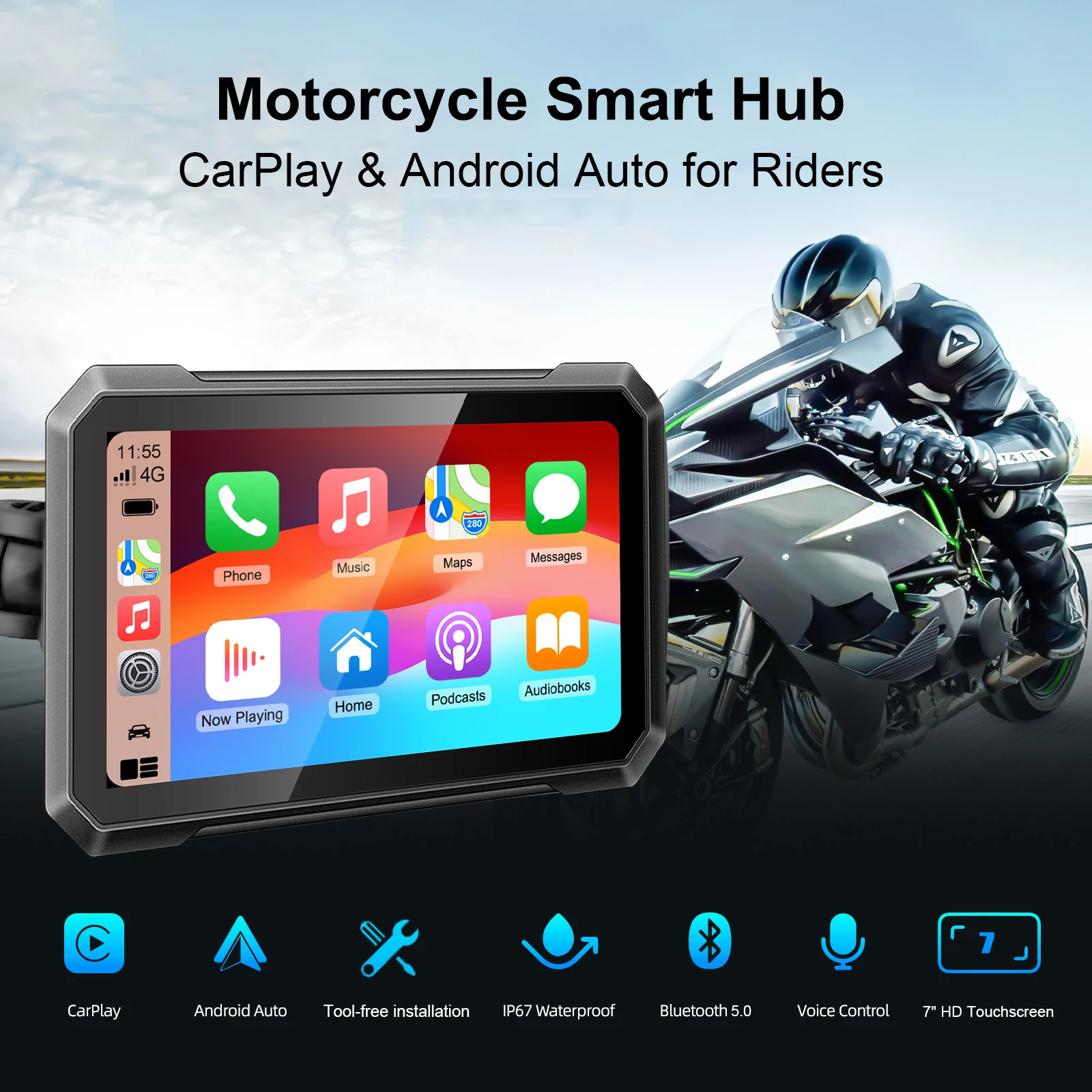 

7-дюймовый сенсорный уличный IPX7 водонепроницаемый внешний портативный экран для мотоцикла с поддержкой CarPlay и Android Auto со светочувствительным