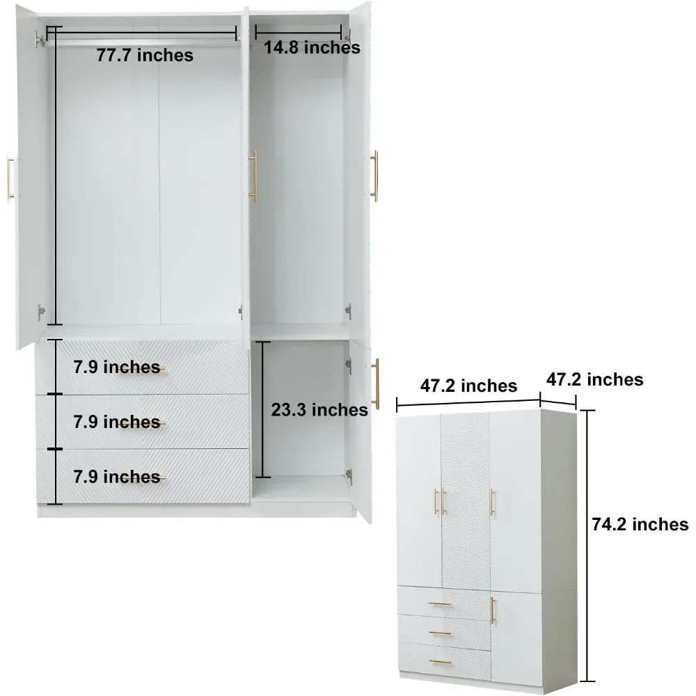 Wooden 3-Door 2-Drawer Wardrobe Armoire, Tall Storage Cabinet with 3 Shelves, High Capacity for Bedroom, White Finish (47x20x72)