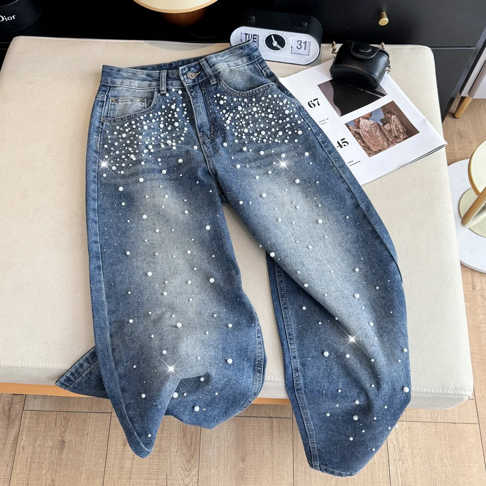 

Роскошные джинсы с жемчужной вышивкой, синие, женские, модные, с высокой талией, прямые, свободные, из денима, с блестящими стразами, широкие брюки
