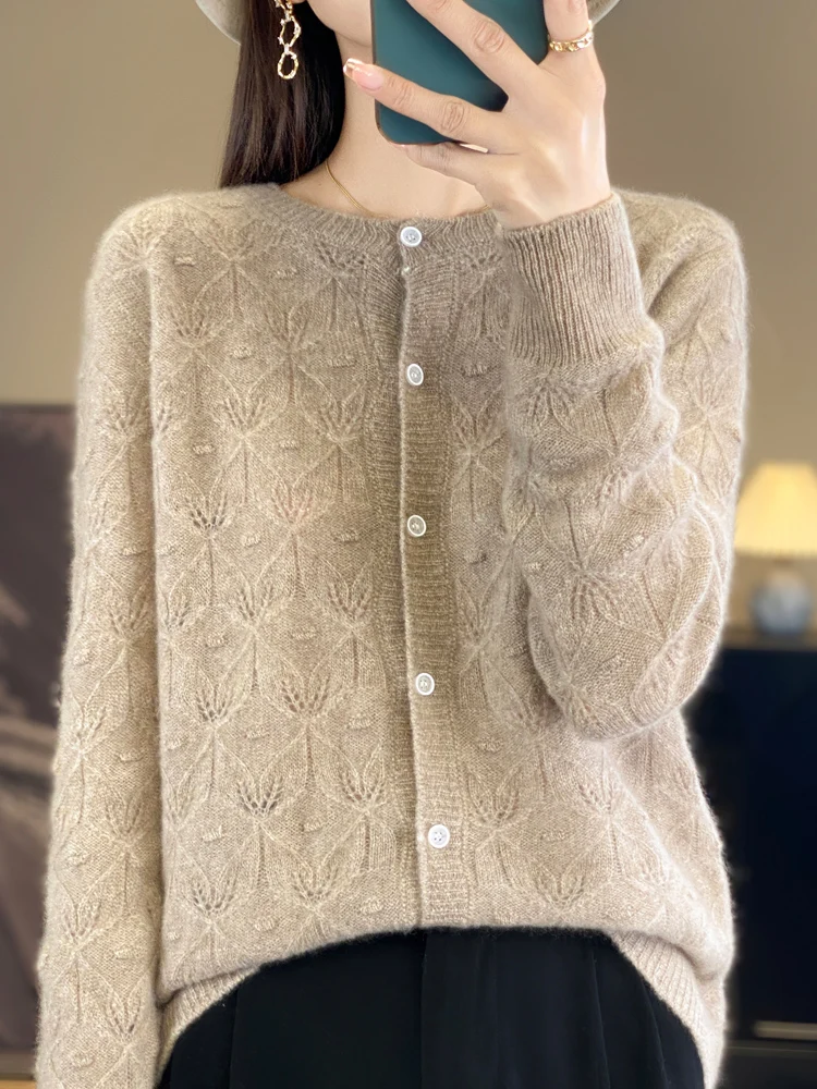 Women Sweater 100% Merino Wool Cardigans O-neck Hollow Out Cashmere Soft Long Sleeve Knitwear Spring Autumn Female Clothing Tops