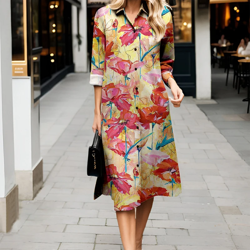 เดรสเชิ้ตพิมพ์ลายดอกไม้สไตล์เรโทรใหม่ปี 2025 สำหรับผู้หญิง ดีไซน์หรูหรา แขนยาว ปกเสื้อเชิ้ต สวมใส่สบายๆ ทรงหลวม เหมาะสำหรับงานกลางคืน