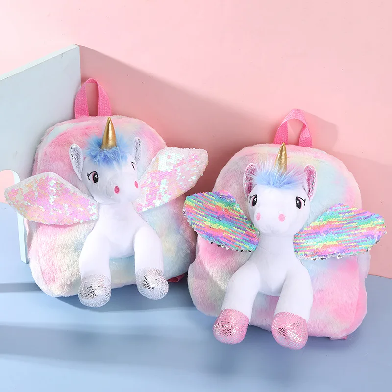 

3D Unicorn Plush Back to School Bag Kawaii Furry Cartoon Schoolbag for Girl Toy Doll Backpack for Kindergarten Kids Girls Gift