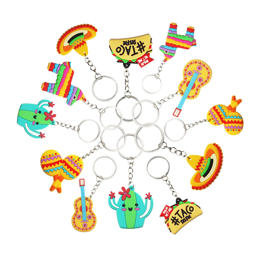 12 Pcs Mexican Party Favors Taco Keyrings Chain Gift Funny Cactus Pvc Bag Keychain