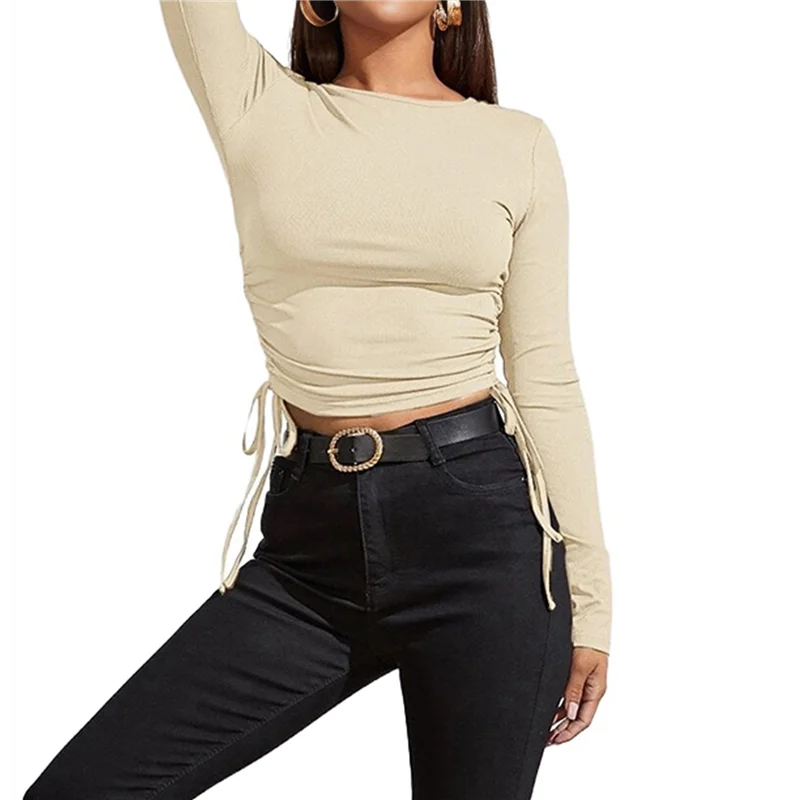 A83F-haut court à col rond et manches longues pour femme, haut court avec cordon de serrage latéral, chemise côtelée Slim
