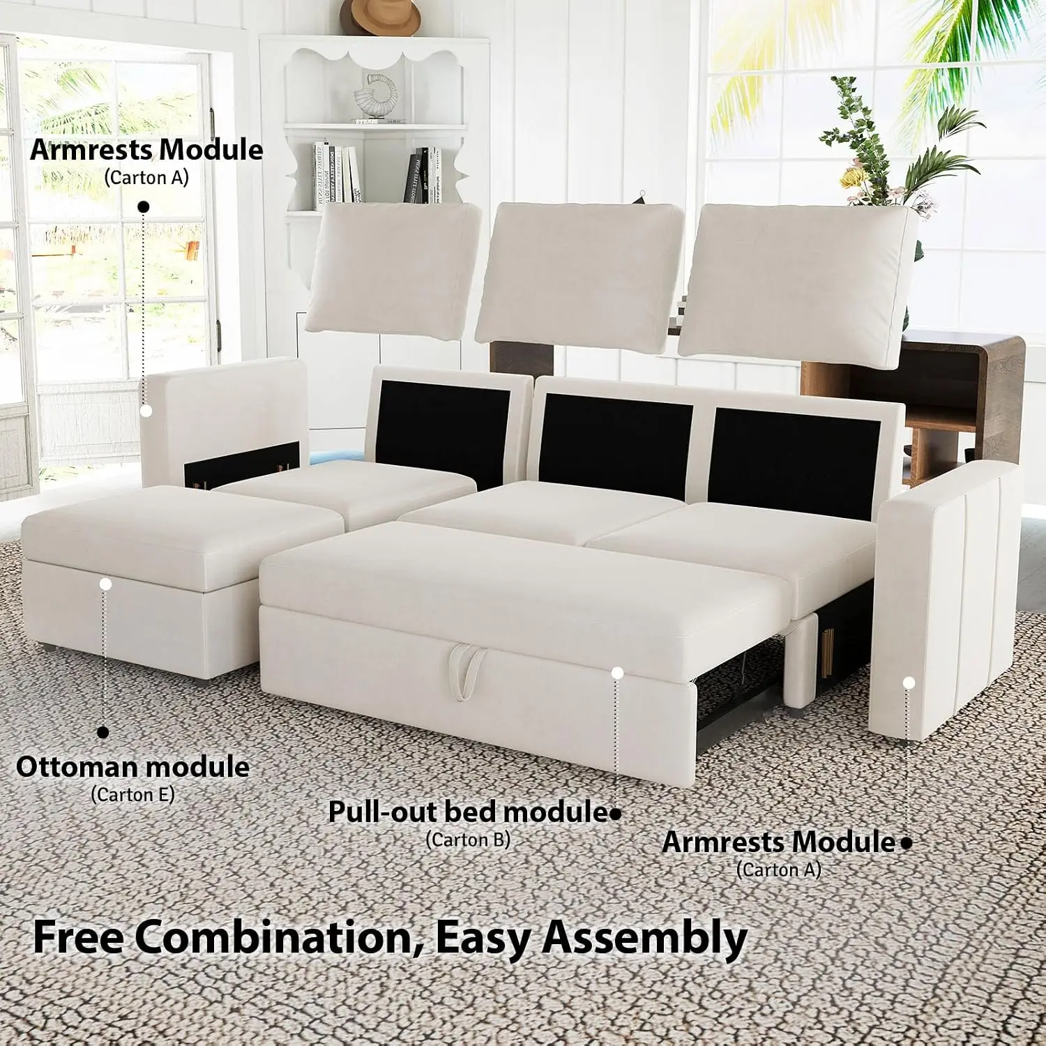 Modular Sectional Sofa with Pullout Bed, U Shaped Sleeper Couch with Reversible Storage Seat for Living Room, Beige, Customized