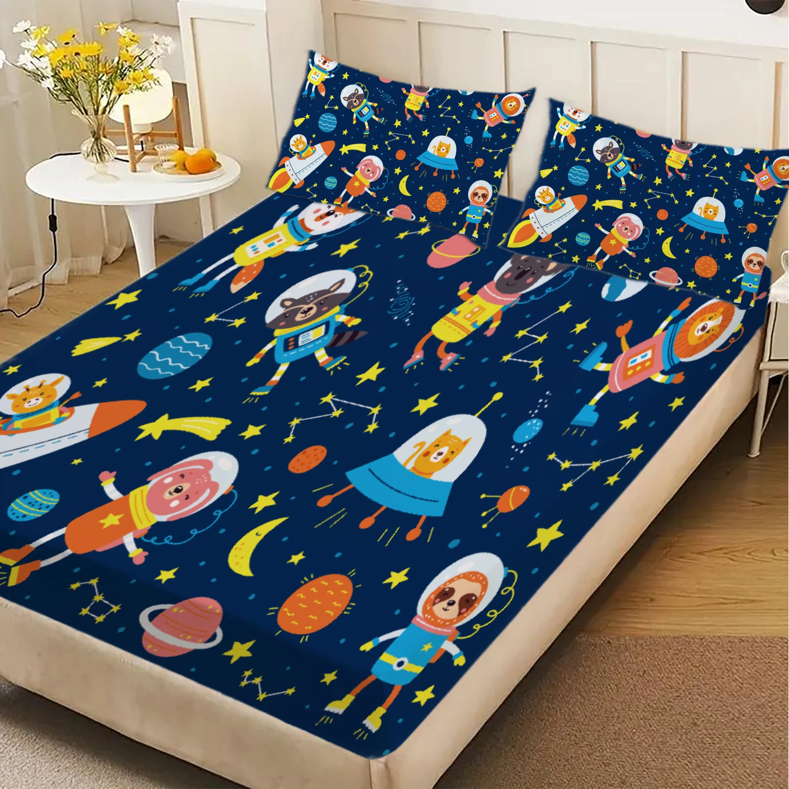 3pcs Playful Fitted Sheet Set For Kids Boys Cartoon Style Space Animals Rockets Planets Stars Printed 100% Polyester Bed Sheet