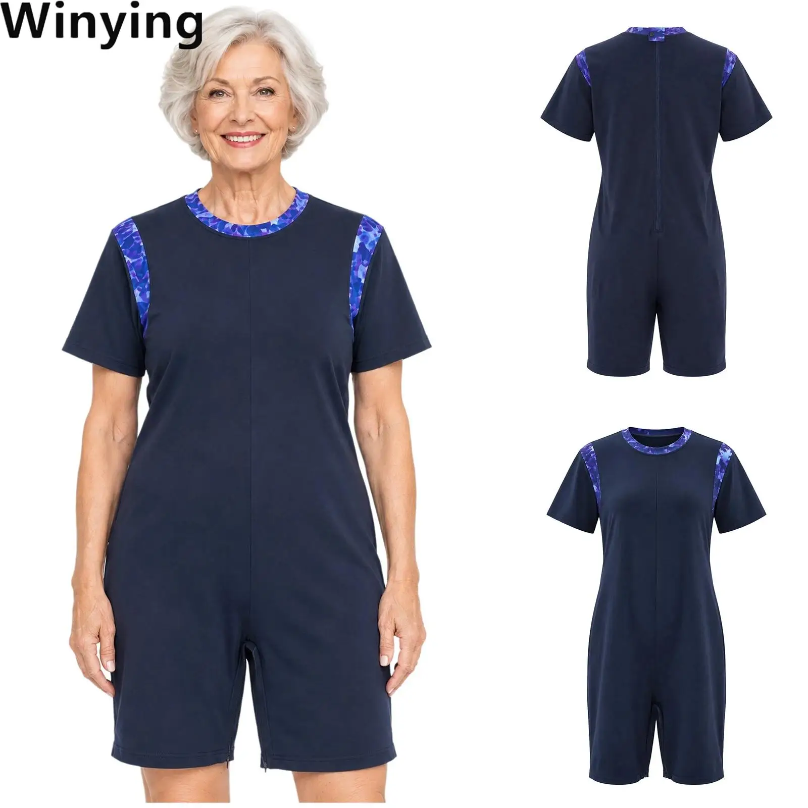 Women Floral Print Adaptive Jumpsuit Patchwork Bodysuit Short Sleeve Anti-strip Zipper Back Crotch Rompers for Special Needs