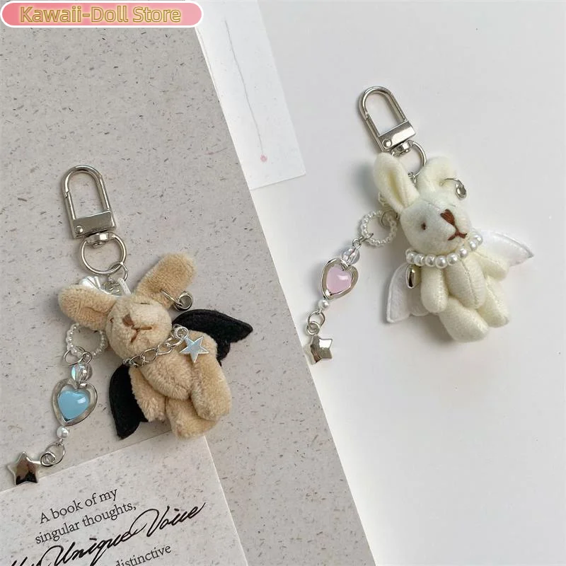 Doux Punk ange lapin en peluche porte-clés pendentif téléphone chaîne sac à dos charme mode à la mode femmes sac suspendu Couple accessoire cadeau