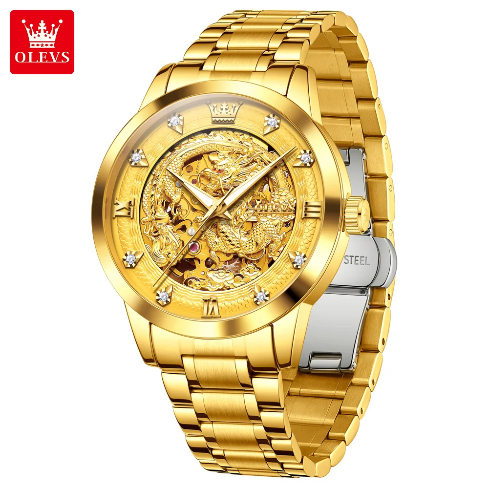OLEVS 7027 Dragon Watches Imported Mechanical Movement Automatic Watches For Men Luxury Stainless Steel Hollow Men's Wristwatch