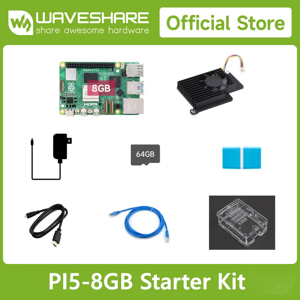 Raspberry Pi 5 Starter Kit, Options for 2GB/4GB/8GB RAM, BCM2712 processor, 2.4GHz quad-core, Waveshare Accessory Heat Sink Case