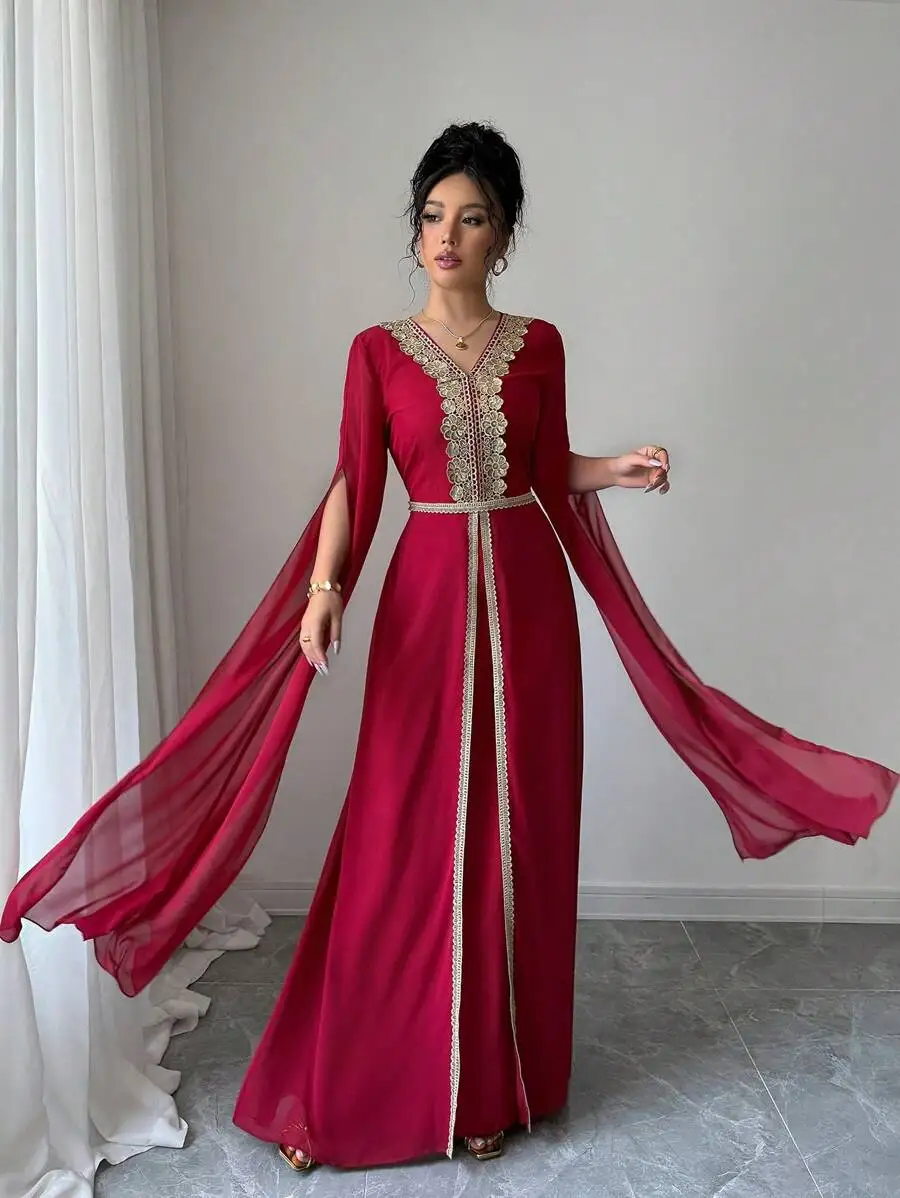 

Elegant V-Neck A-Line Dress With Lace Trim Sheer Chiffon Long Sleeves Red Women Spring Summer Fall